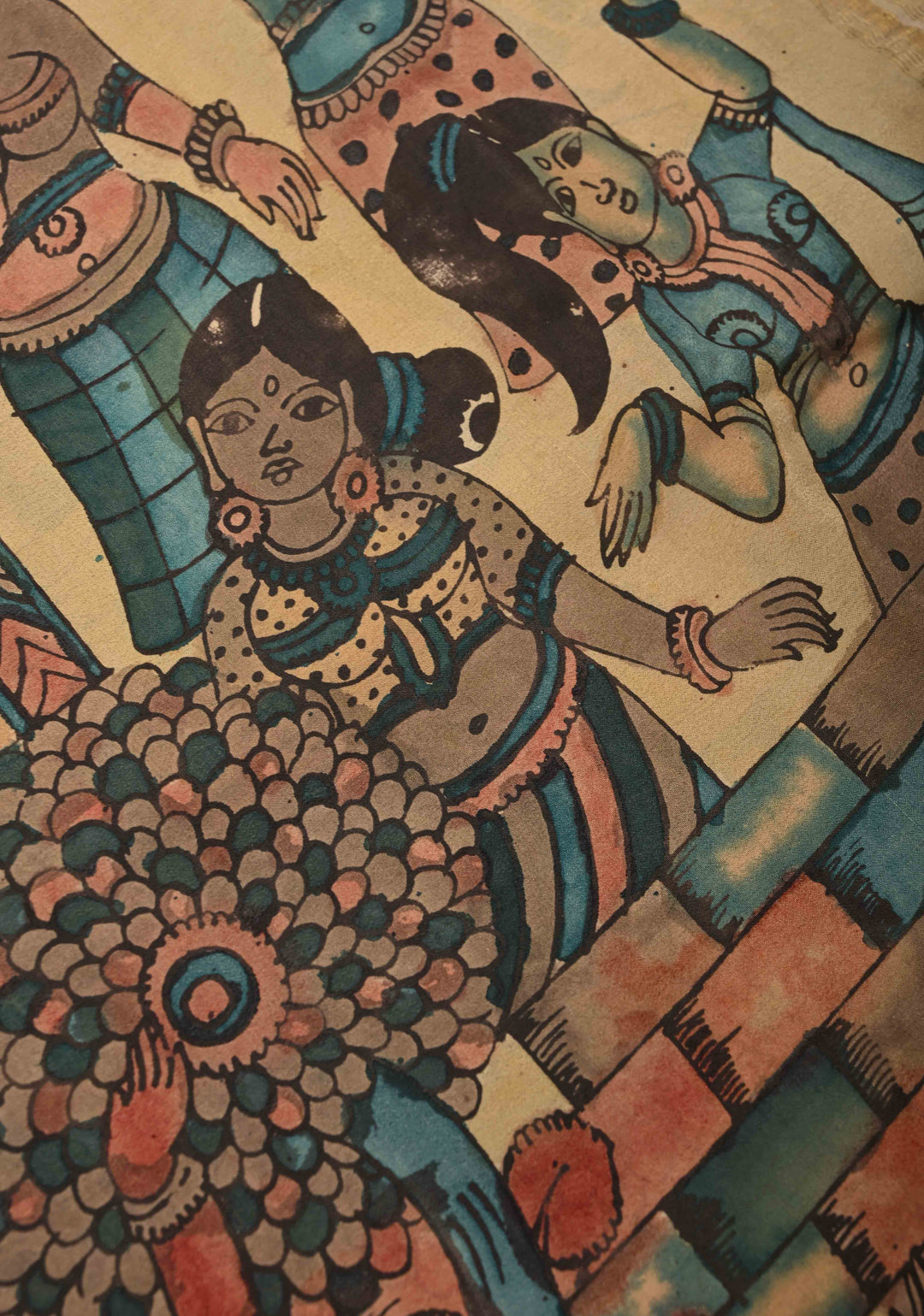 Beige Authentic Hand painted Pen Kalamkari on Pure Mysore Crepe Silk Saree with Cultural Dancing theme  Wide Multicolor Stripes Border | SILK MARK CERTIFIED