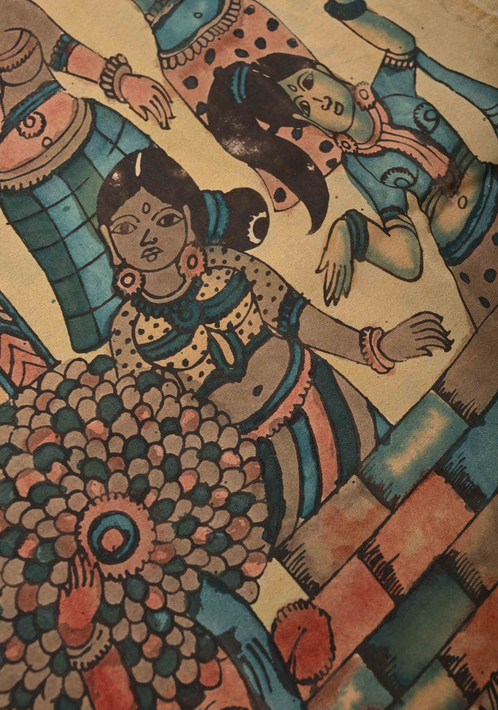 Beige Authentic Hand painted Pen Kalamkari on Pure Mysore Crepe Silk Saree with Cultural Dancing theme  Wide Multicolor Stripes Border | SILK MARK CERTIFIED