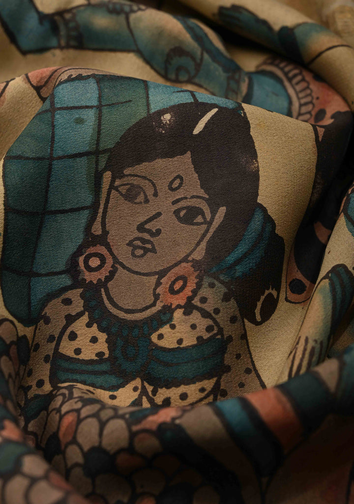 Beige Authentic Hand painted Pen Kalamkari on Pure Mysore Crepe Silk Saree with Cultural Dancing theme  Wide Multicolor Stripes Border | SILK MARK CERTIFIED