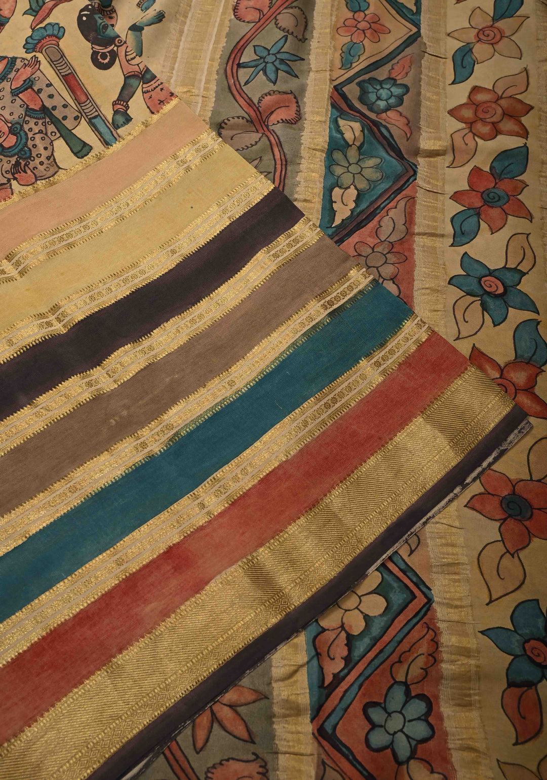 Beige Authentic Hand painted Pen Kalamkari on Pure Mysore Crepe Silk Saree with Cultural Dancing theme  Wide Multicolor Stripes Border | SILK MARK CERTIFIED