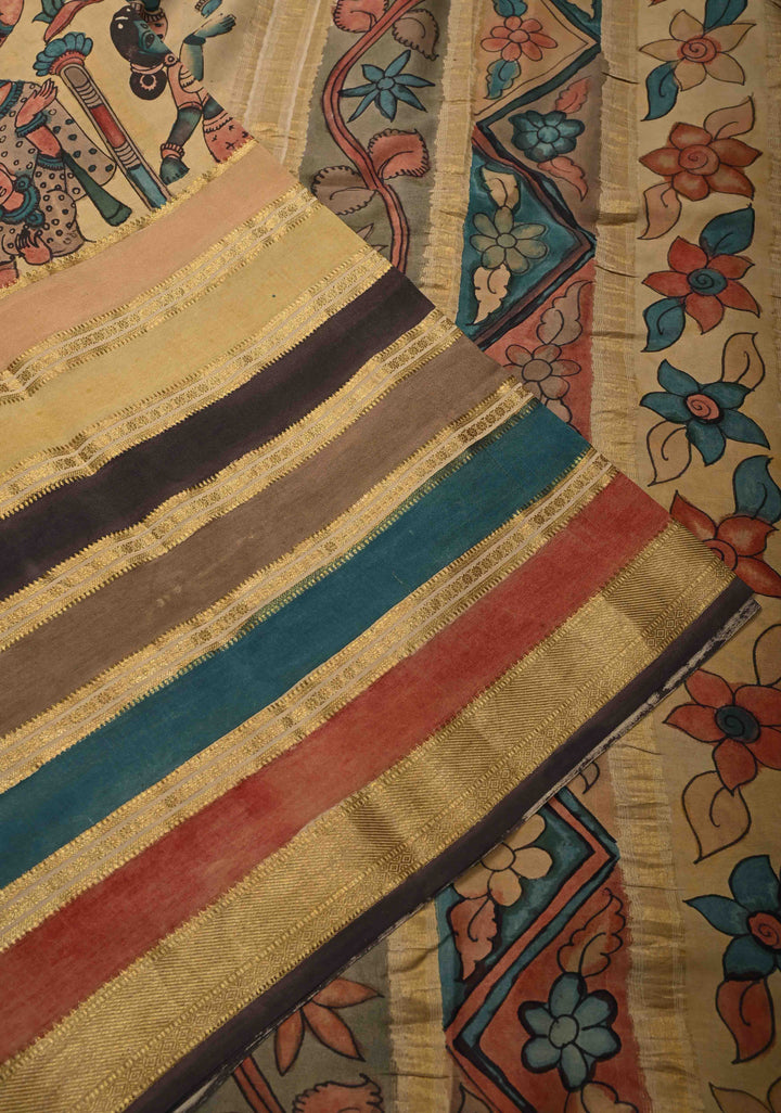 Beige Authentic Hand painted Pen Kalamkari on Pure Mysore Crepe Silk Saree with Cultural Dancing theme  Wide Multicolor Stripes Border | SILK MARK CERTIFIED