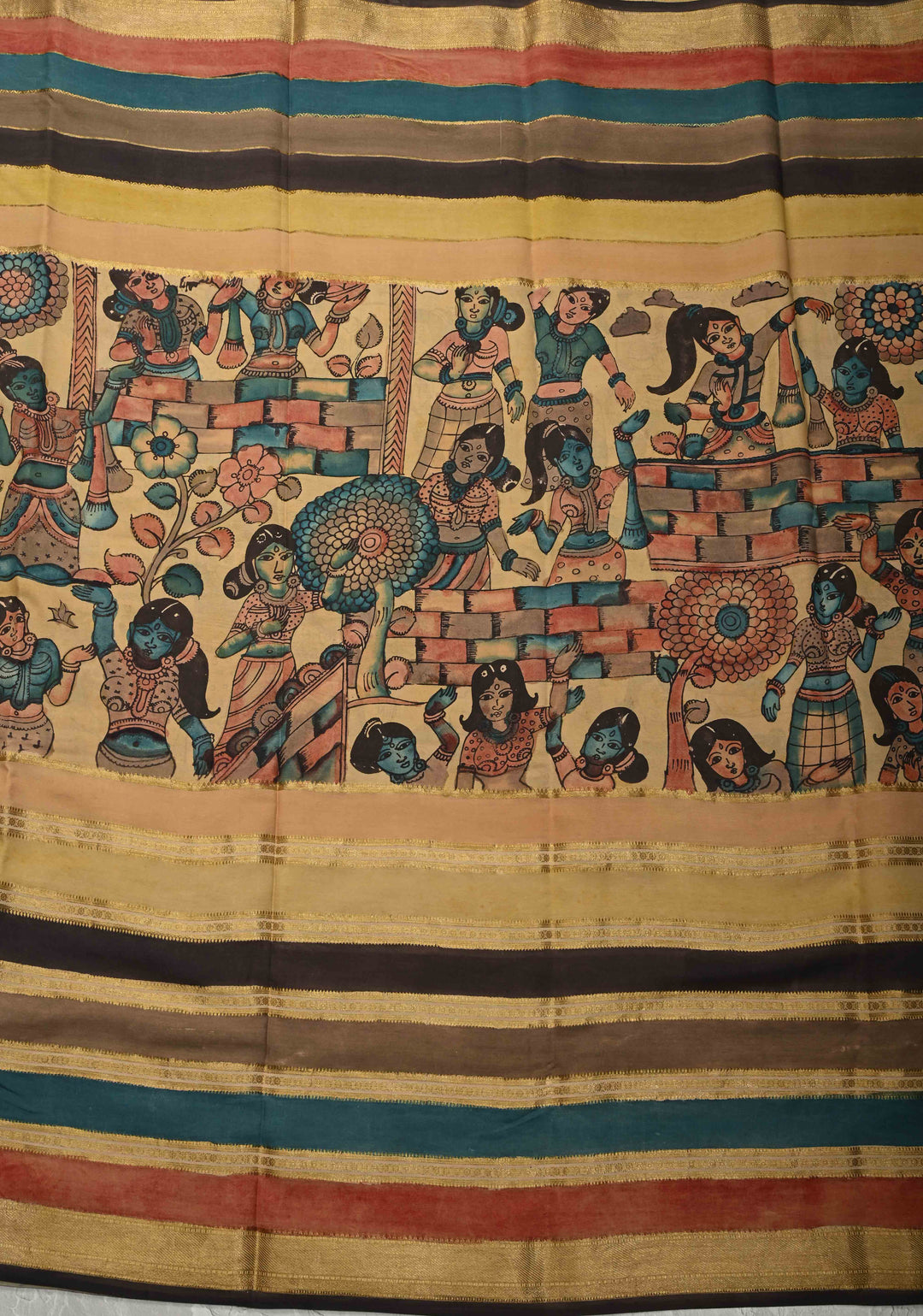 Beige Authentic Hand painted Pen Kalamkari on Pure Mysore Crepe Silk Saree with Cultural Dancing theme  Wide Multicolor Stripes Border | SILK MARK CERTIFIED