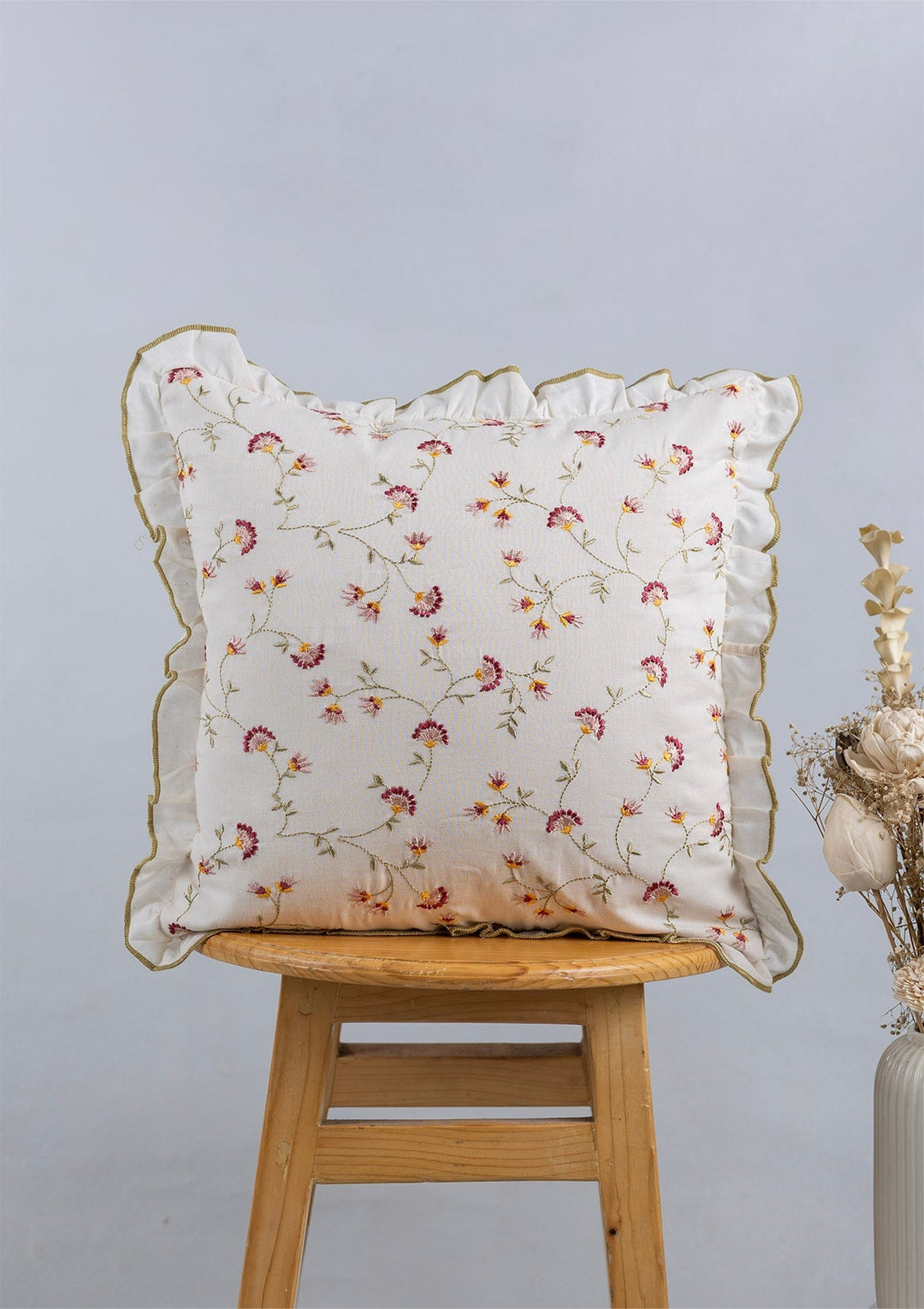 Vaanya 100% Cotton Sheer Embroidered Green and Pink Cushion Cover for Sofa- 16" x 16" | SHOBITAM