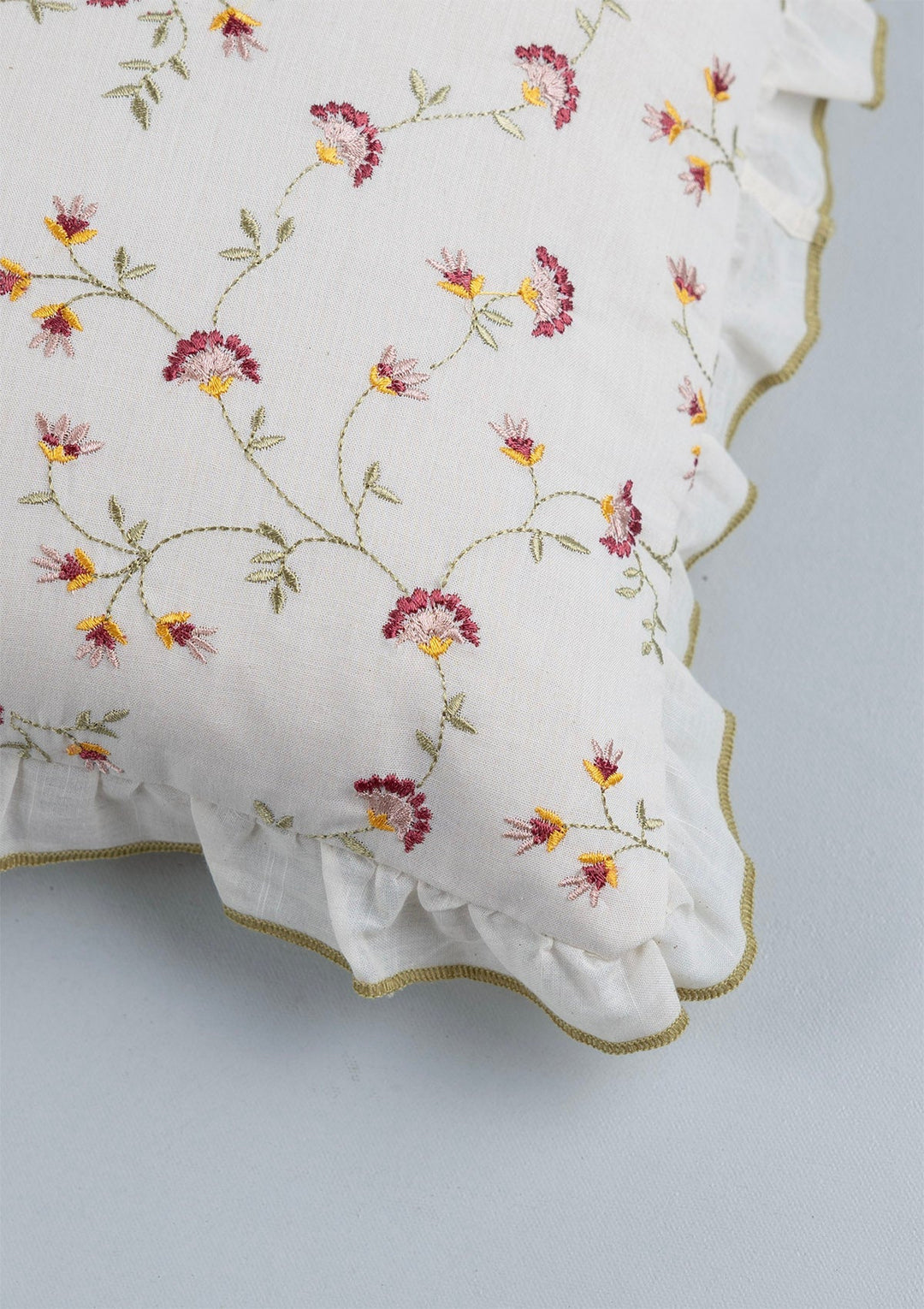 Vaanya 100% Cotton Sheer Embroidered Green and Pink Cushion Cover for Sofa- 16" x 16" | SHOBITAM