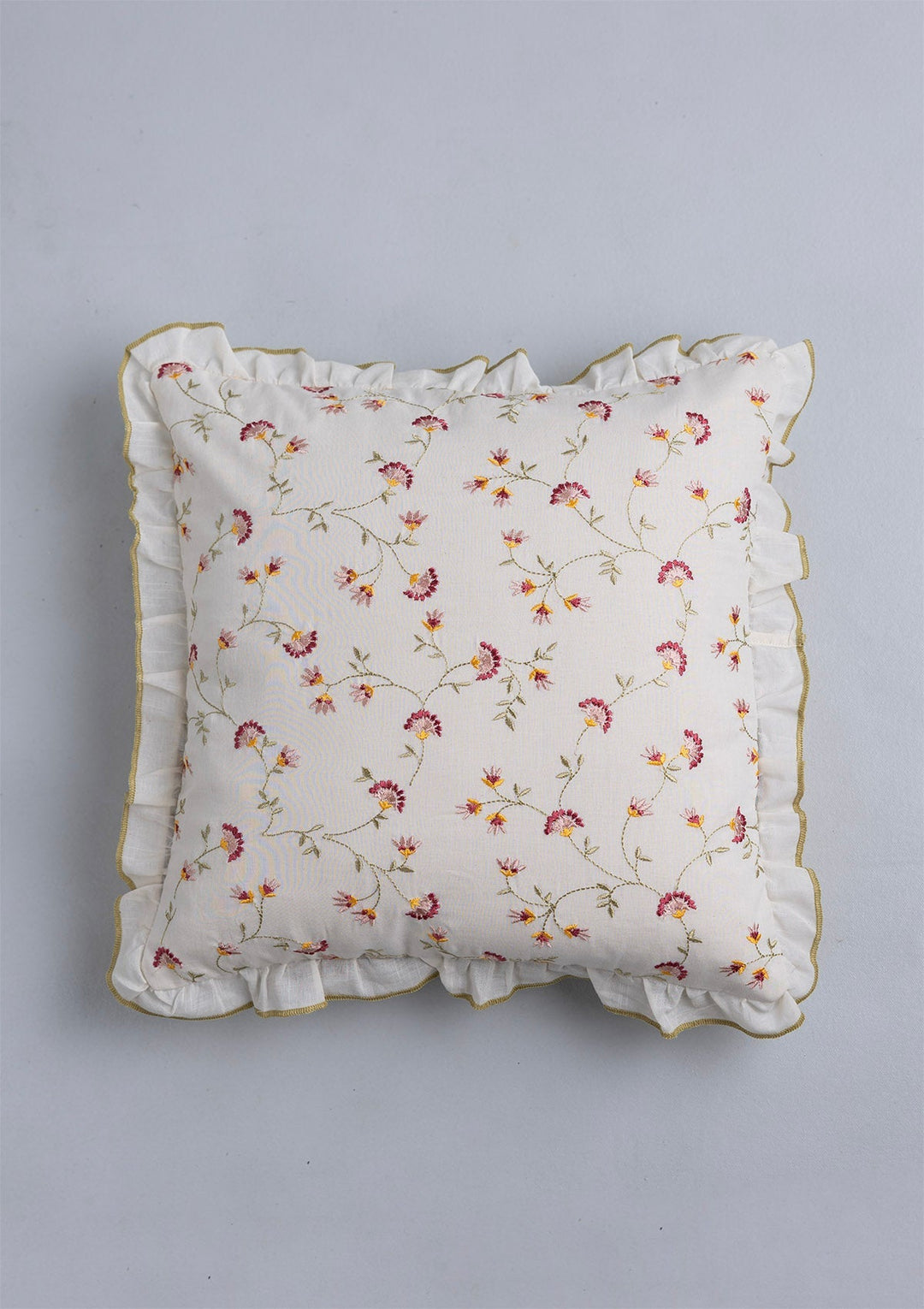 Vaanya 100% Cotton Sheer Embroidered Green and Pink Cushion Cover for Sofa- 16" x 16" | SHOBITAM