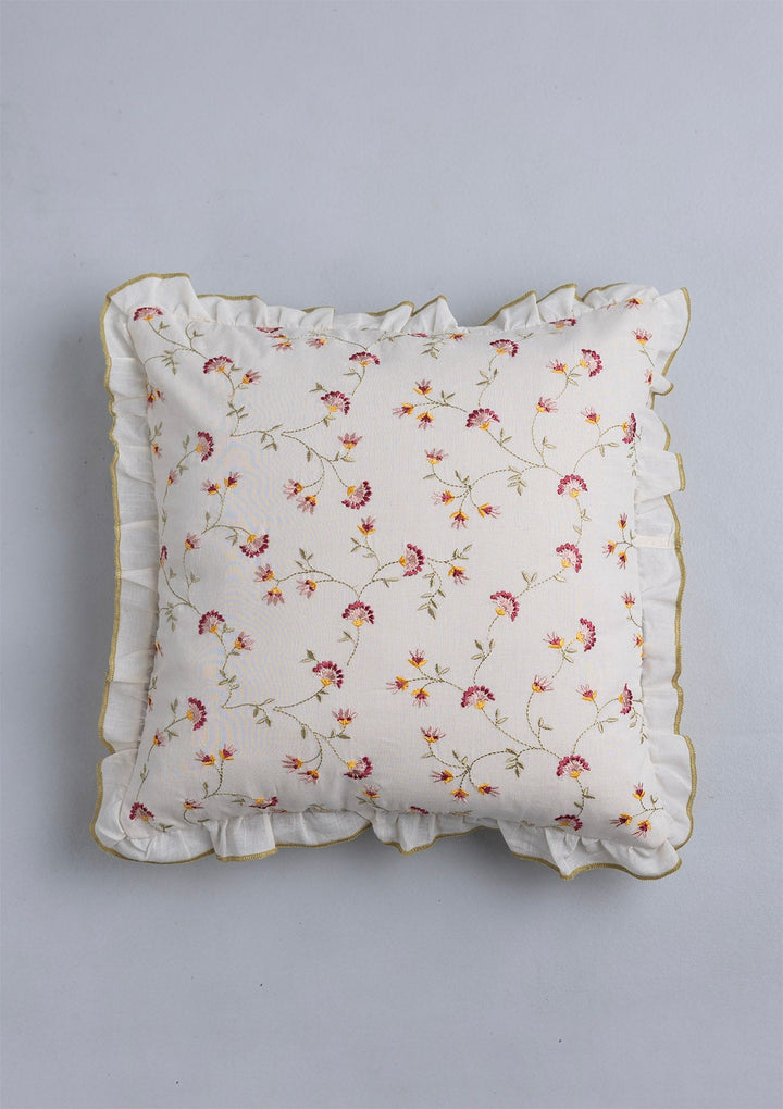 Vaanya 100% Cotton Sheer Embroidered Green and Pink Cushion Cover for Sofa- 16" x 16" | SHOBITAM