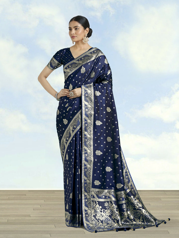 Blue Woven Banarasi Satin Silk Saree | SHOBITAM