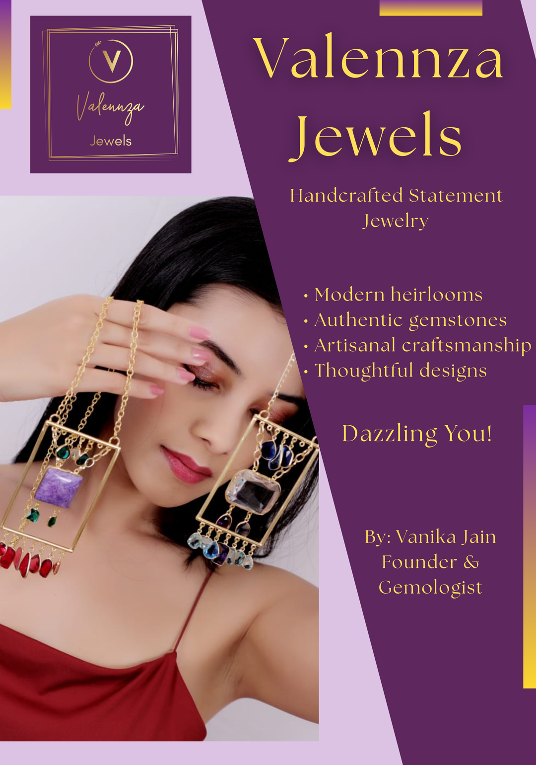 Stud Earring With Coral Triangular-Shaped Stone and Gold Leaf Design