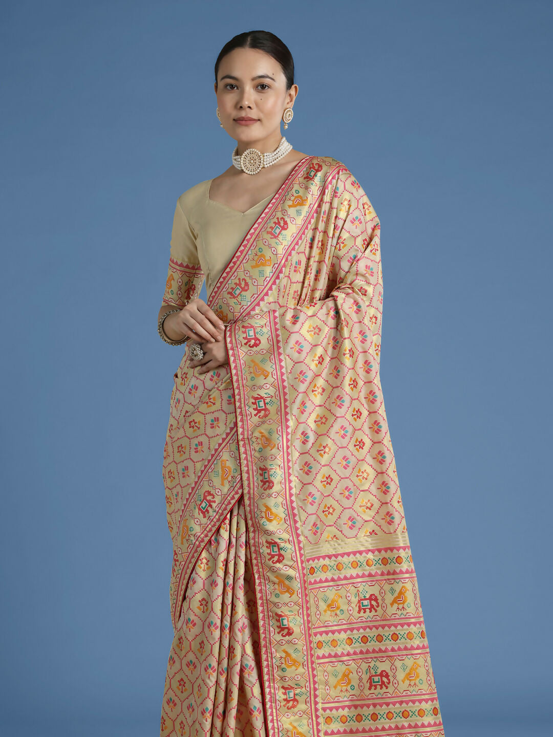Cream Semi Banarasi Satin Silk Saree With Patola Work | SHOBITAM
