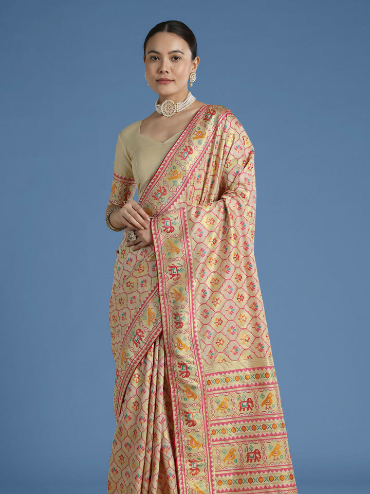 Cream Semi Banarasi Satin Silk Saree With Patola Work | SHOBITAM