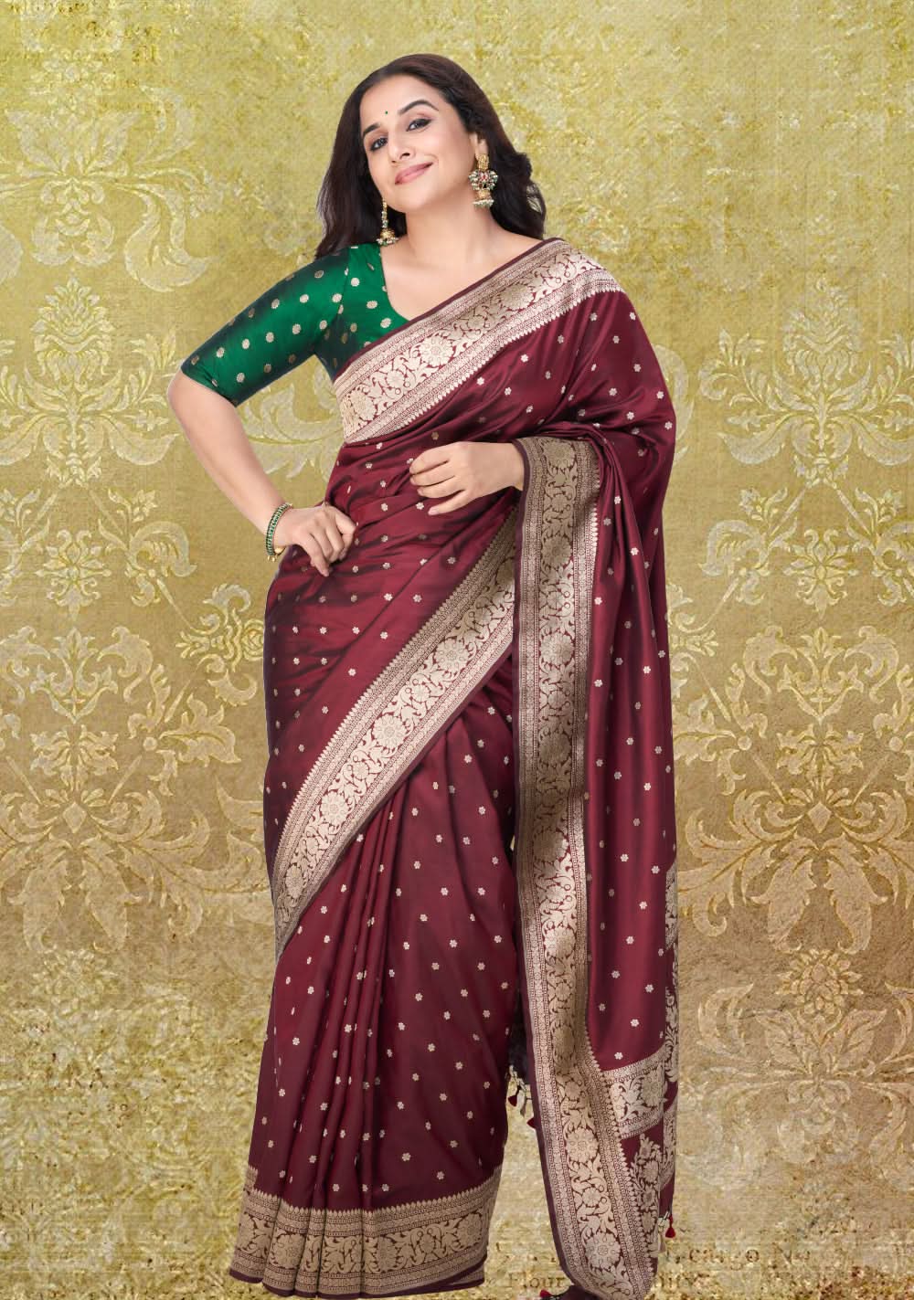 Exquisite Celebrity Banarasi Katan Silk Saree in Garnet with Chunri Buttis and resplendant pallu | SILK MARK CERTIFIED