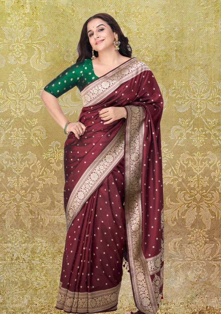 Exquisite Celebrity Banarasi Katan Silk Saree in Garnet with Chunri Buttis and resplendant pallu | SILK MARK CERTIFIED