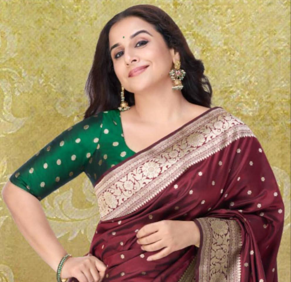 Vidya Balan Kanjivaram Pure Silk Blouse in Emerald Green with zari buttas , Mix and match Blouse for saree