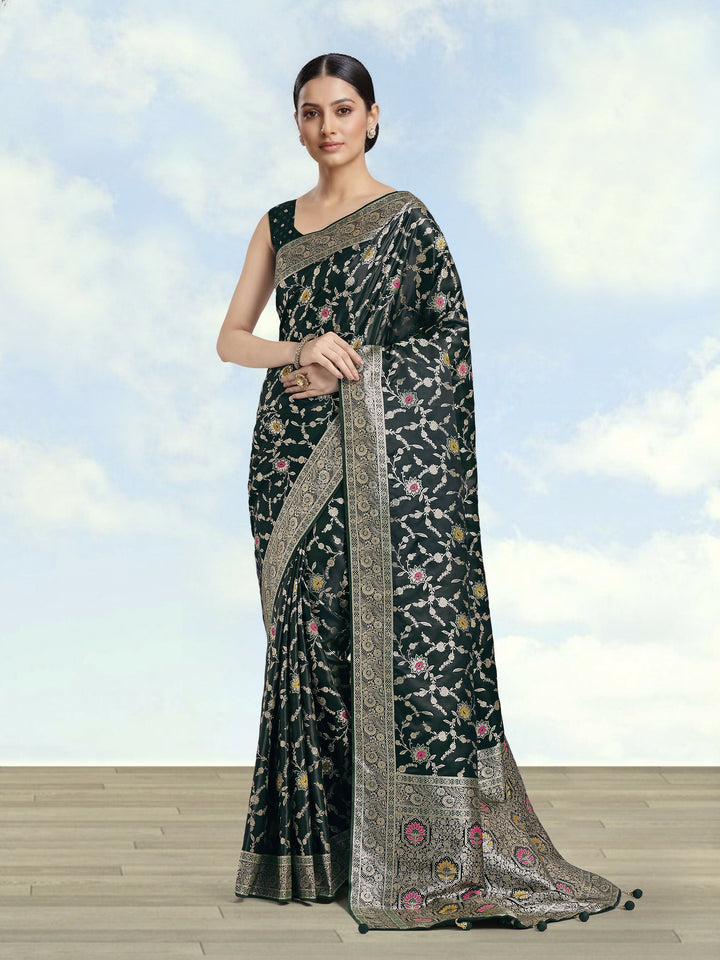Dark Green Zari Woven Banarasi Satin Silk Saree | SHOBITAM