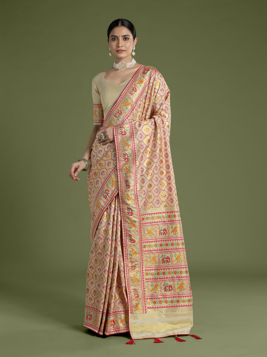 Cream Semi Banarasi Satin Silk Saree With Patola Work | SHOBITAM