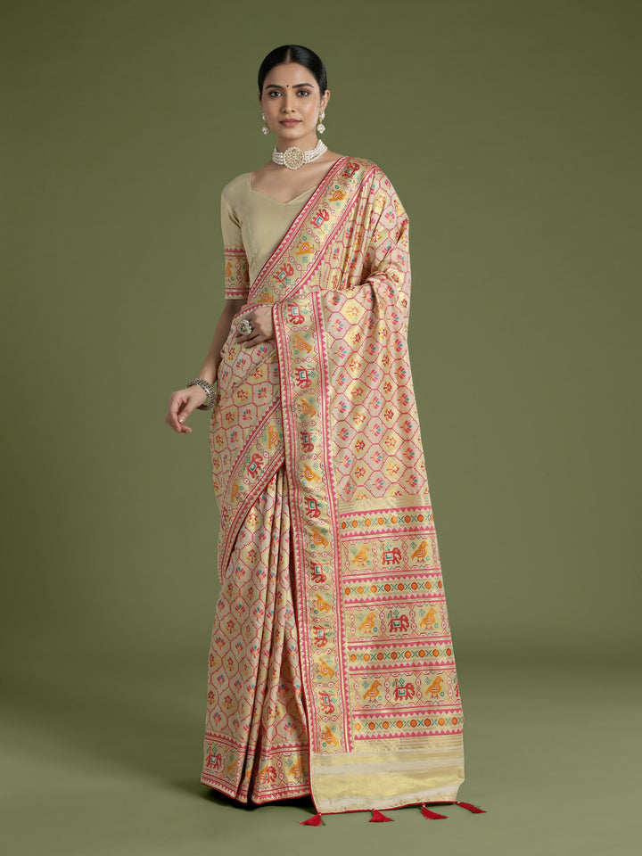 Cream Semi Banarasi Satin Silk Saree With Patola Work | SHOBITAM