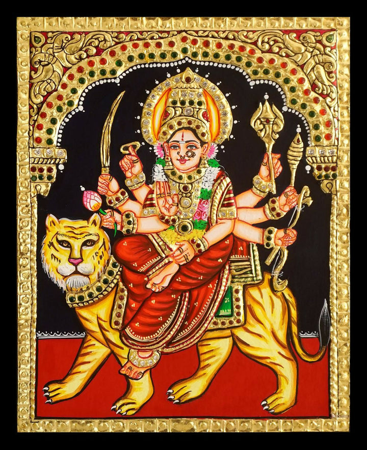 8*10 TANJORE PAINTING DURGA DEVI Authentic With 22 Ct Gold Foil and Jaipur Gemstones,Unframed | SHOBITAM
