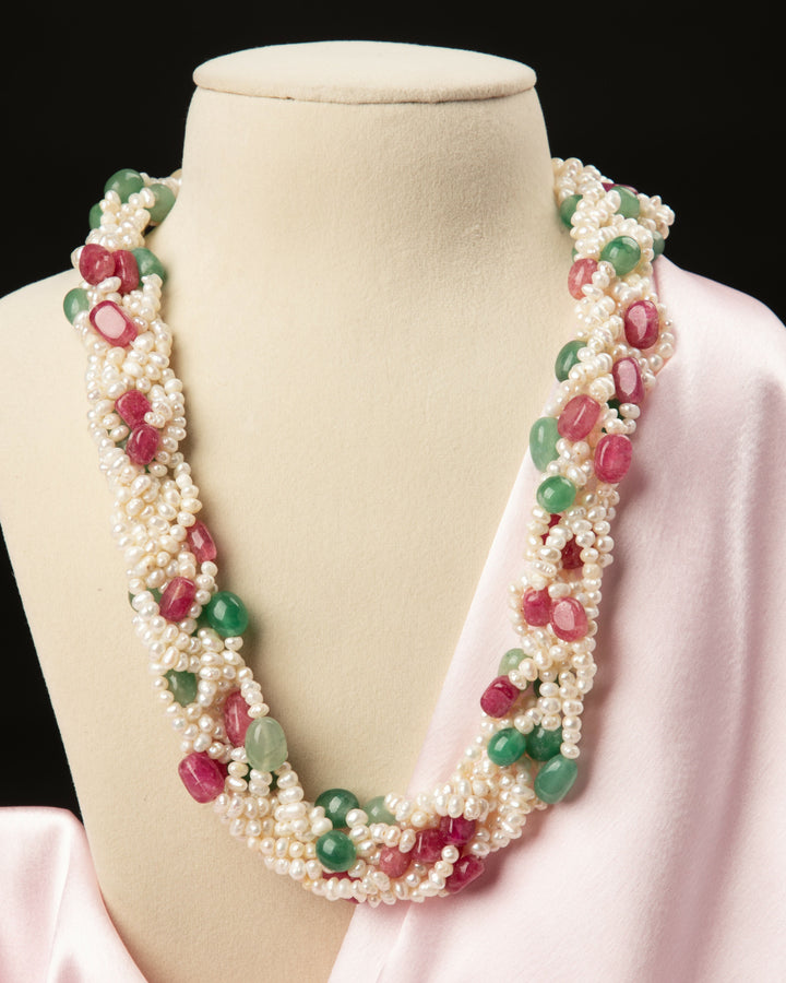 Panna-Gulab Haar, Hand-braided Mala with Natural Pearls | SHOBITAM