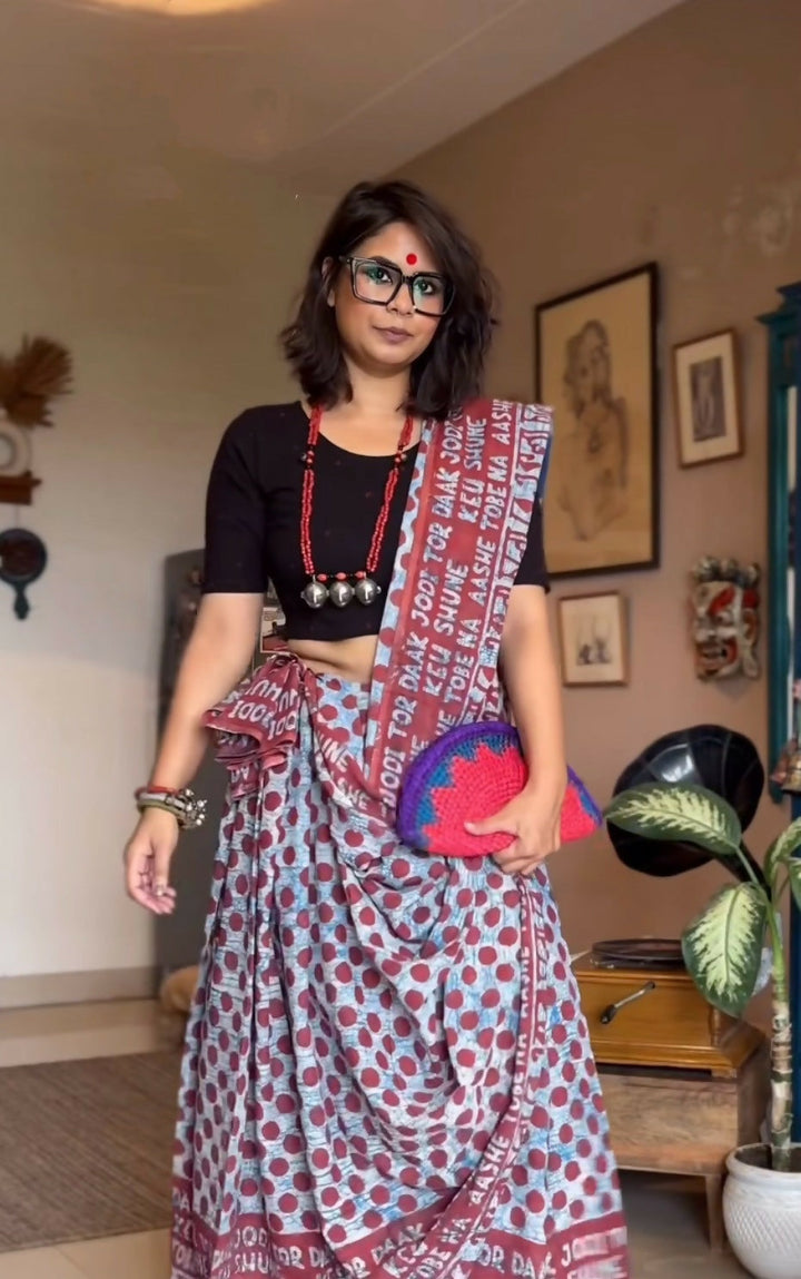 Muted Bluev Polka Nostalgia Ekla Cholo  Dabu Block Printed Cotton Saree | SHOBITAM