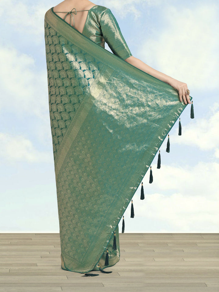 Turquoise Banarasi Satin Silk Zari Weaving Work Saree | SHOBITAM