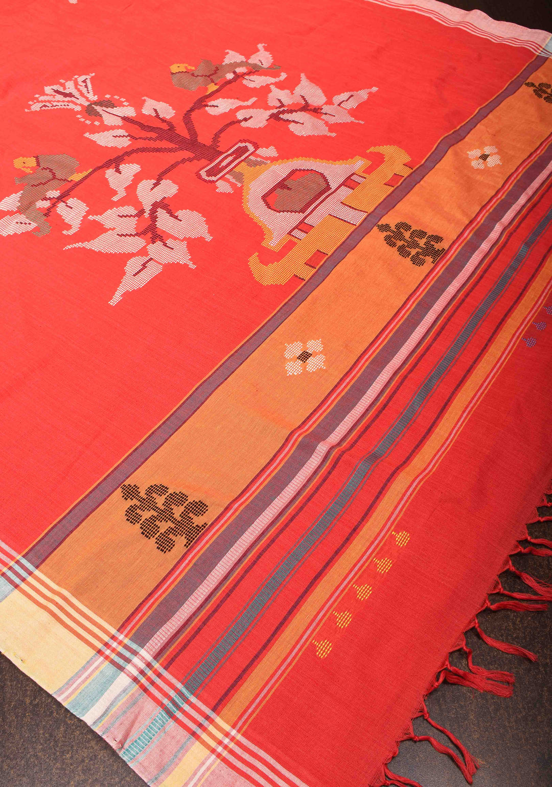 Handwoven Red Cotton Saree with Floral Motifs