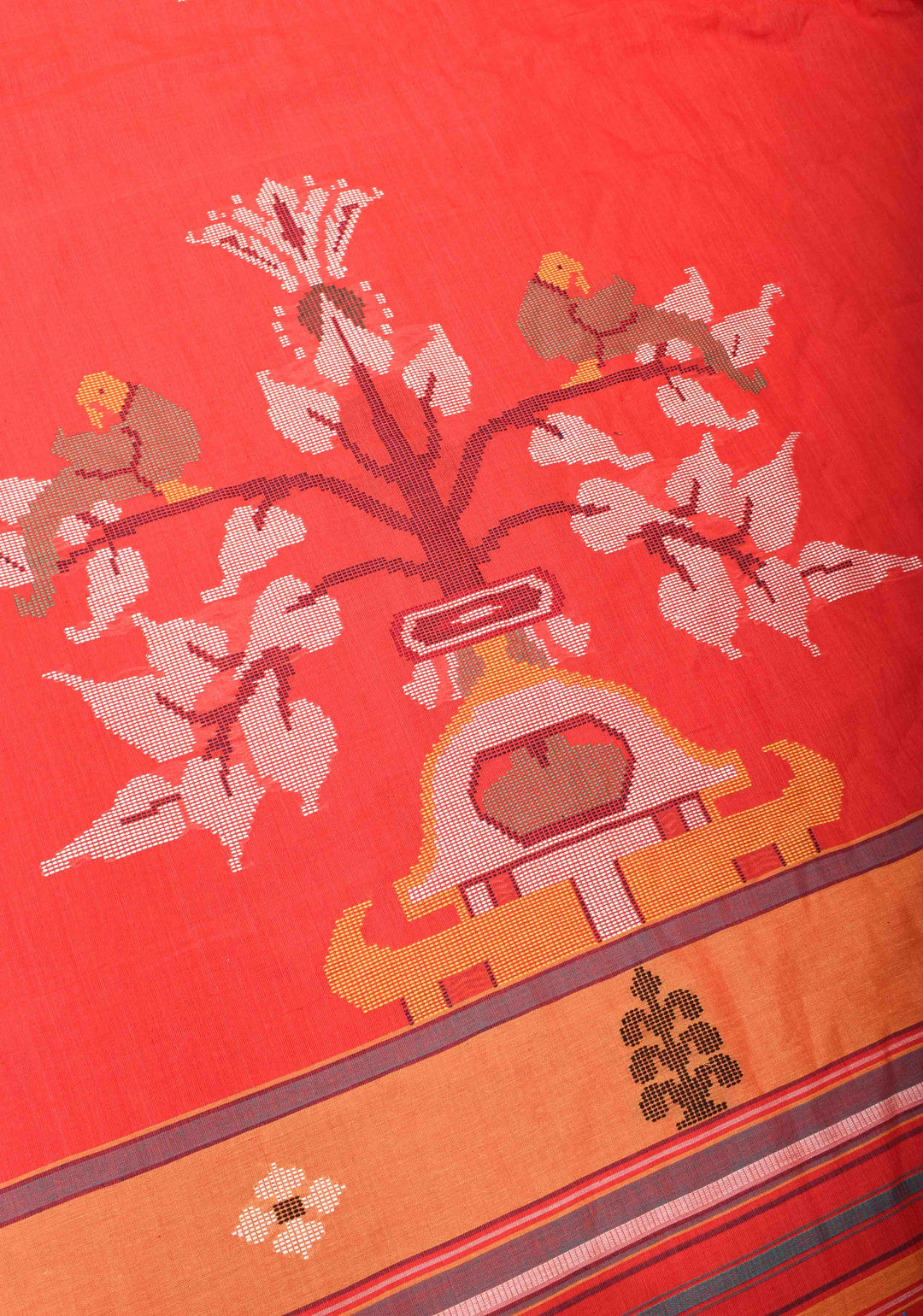 Handwoven Red Cotton Saree with Floral Motifs