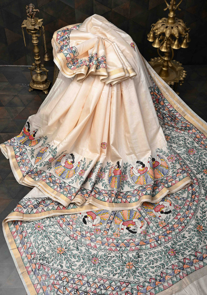 Beige Lightweight Chanderi Silk Cotton Saree With Madhubani hand Painting | SILK MARK CERTIFIED