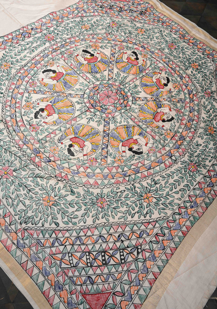 Beige Lightweight Chanderi Silk Cotton Saree With Madhubani hand Painting | SILK MARK CERTIFIED