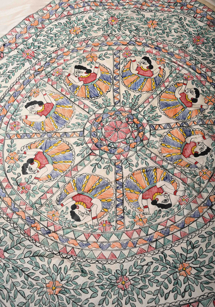 Beige Lightweight Chanderi Silk Cotton Saree With Madhubani hand Painting | SILK MARK CERTIFIED