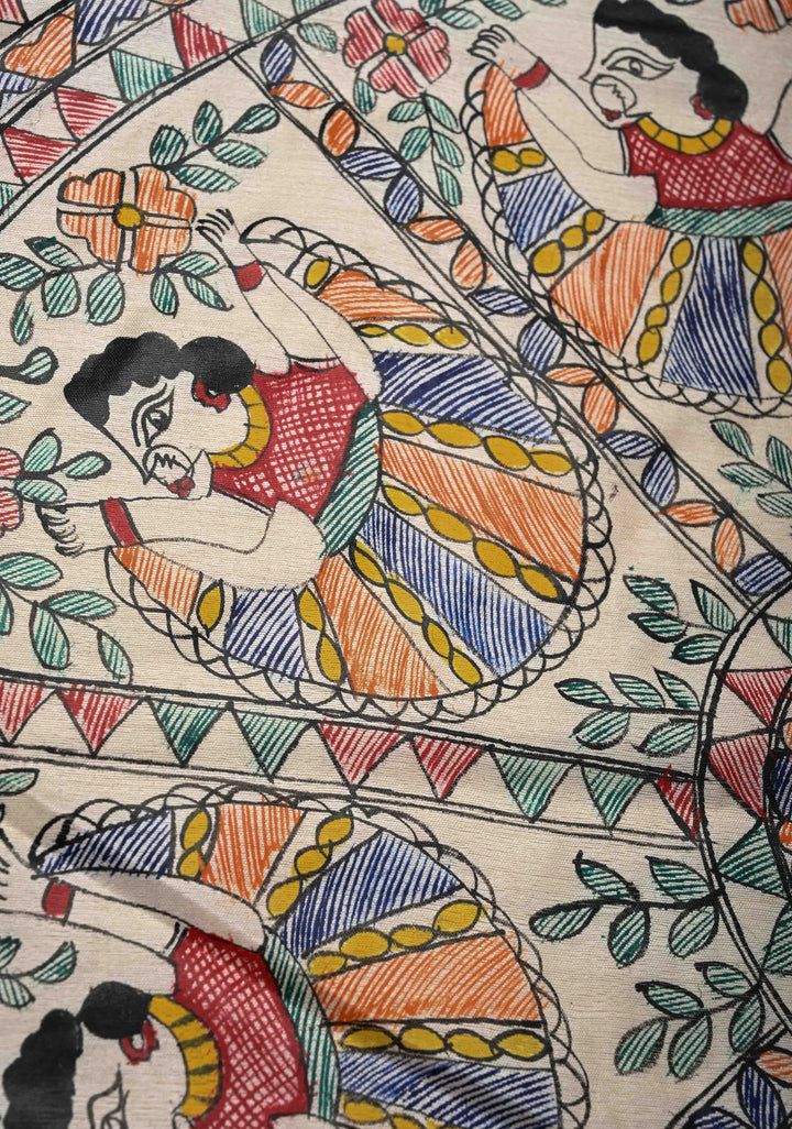 Beige Lightweight Chanderi Silk Cotton Saree With Madhubani hand Painting | SILK MARK CERTIFIED