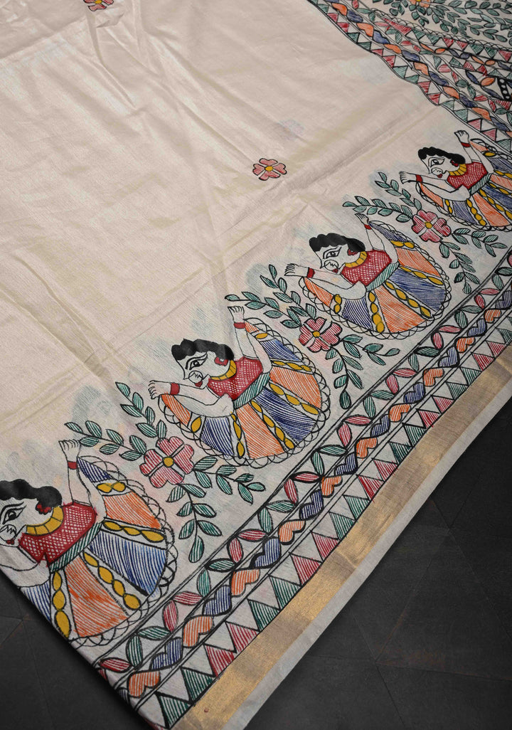 Beige Lightweight Chanderi Silk Cotton Saree With Madhubani hand Painting | SILK MARK CERTIFIED