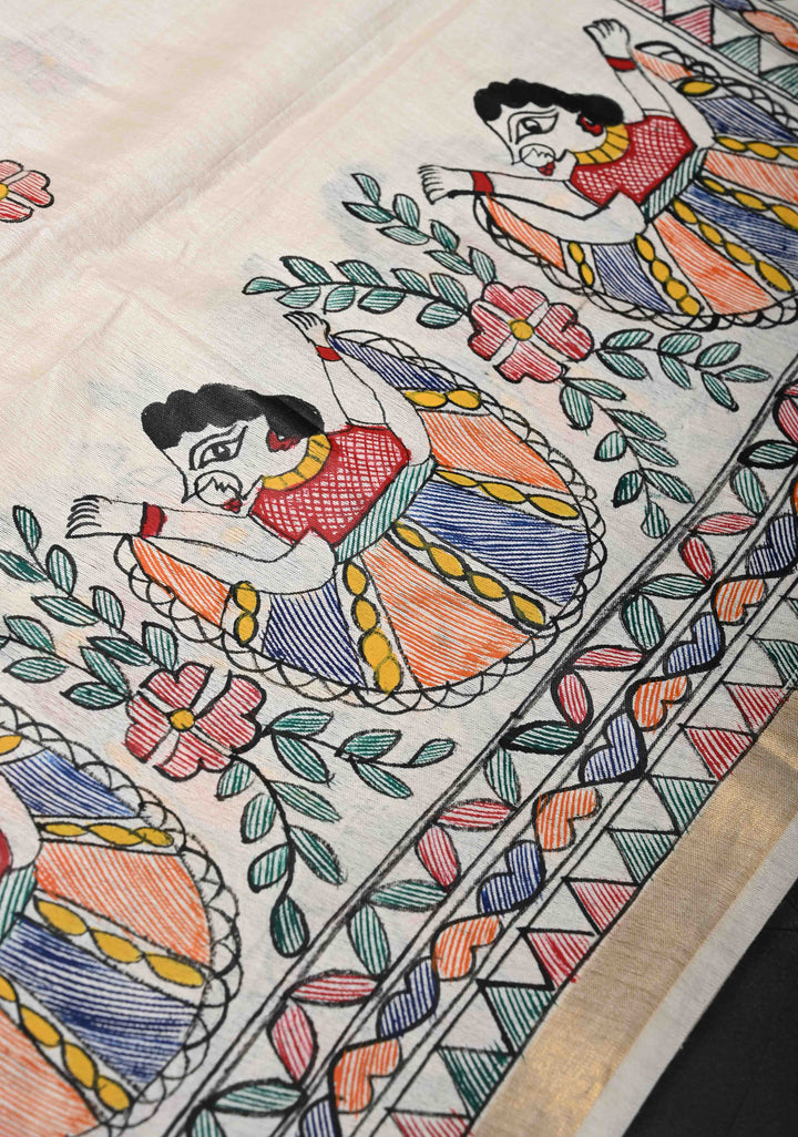 Beige Lightweight Chanderi Silk Cotton Saree With Madhubani hand Painting | SILK MARK CERTIFIED