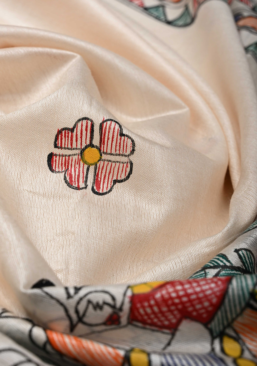 Beige Lightweight Chanderi Silk Cotton Saree With Madhubani hand Painting | SILK MARK CERTIFIED