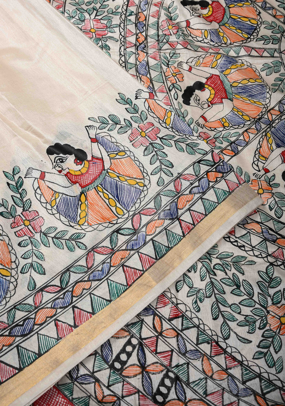 Beige Lightweight Chanderi Silk Cotton Saree With Madhubani hand Painting | SILK MARK CERTIFIED