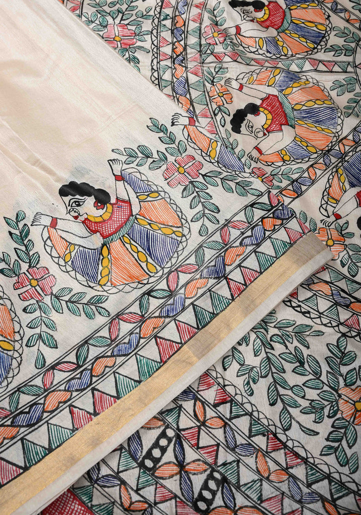 Beige Lightweight Chanderi Silk Cotton Saree With Madhubani hand Painting | SILK MARK CERTIFIED