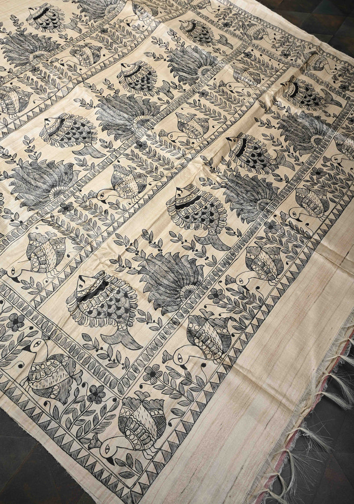 Beige  Desi Tussar Madhubani Painting Saree | SILK MARK CERTIFIED