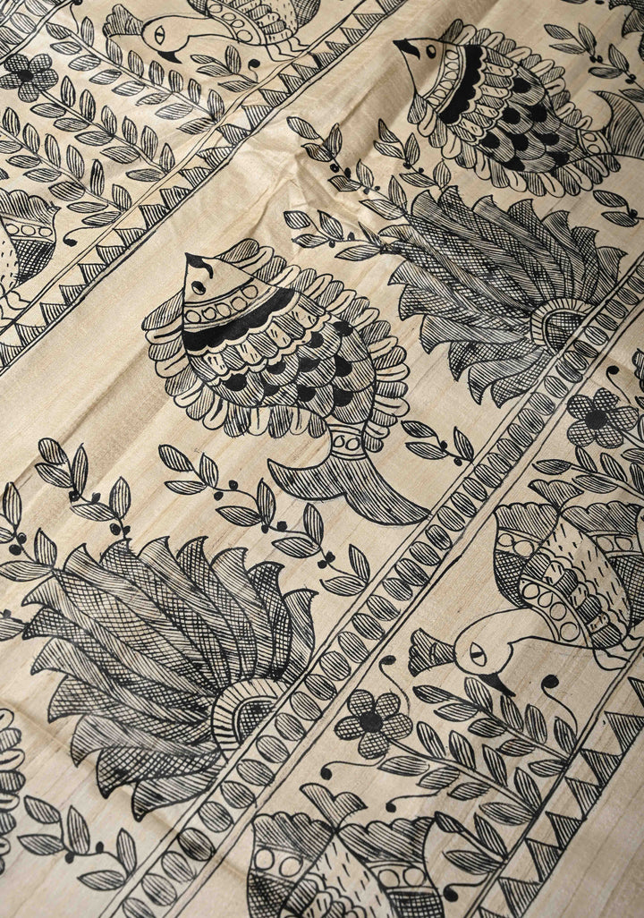 Beige  Desi Tussar Madhubani Painting Saree | SILK MARK CERTIFIED