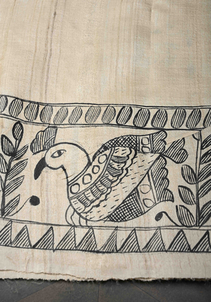 Beige  Desi Tussar Madhubani Painting Saree | SILK MARK CERTIFIED