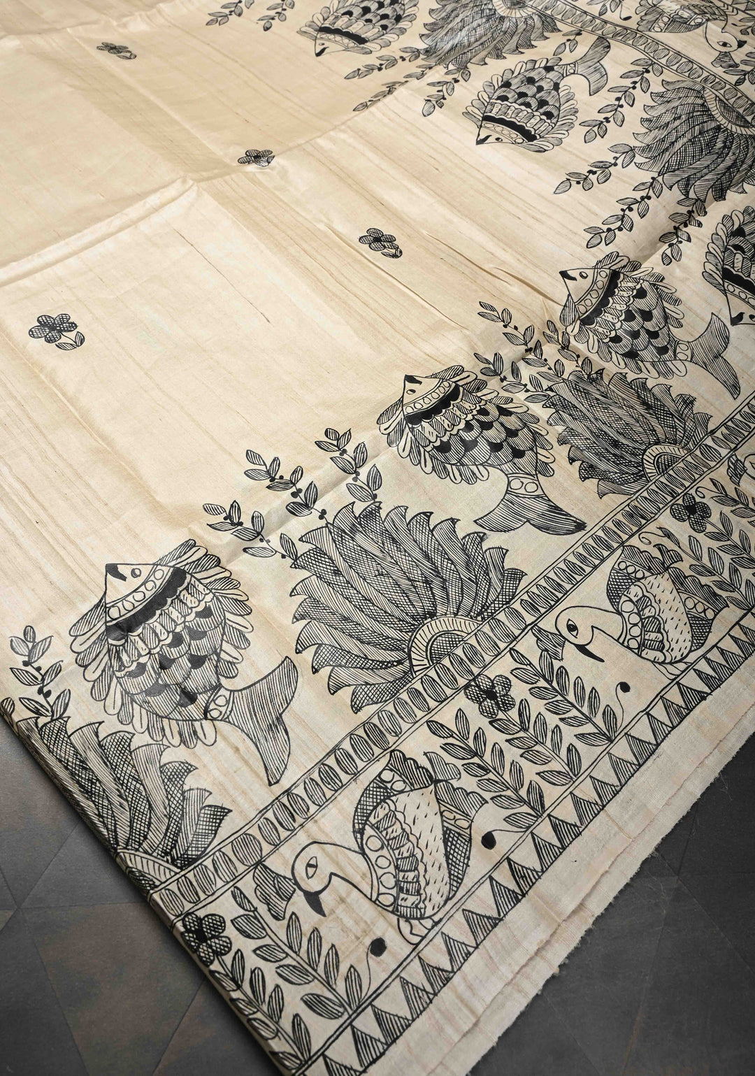 Beige  Desi Tussar Madhubani Painting Saree | SILK MARK CERTIFIED
