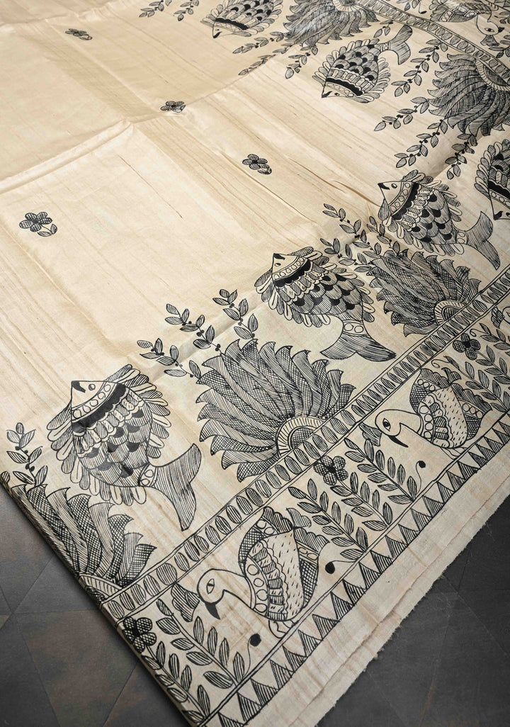 Beige  Desi Tussar Madhubani Painting Saree | SILK MARK CERTIFIED
