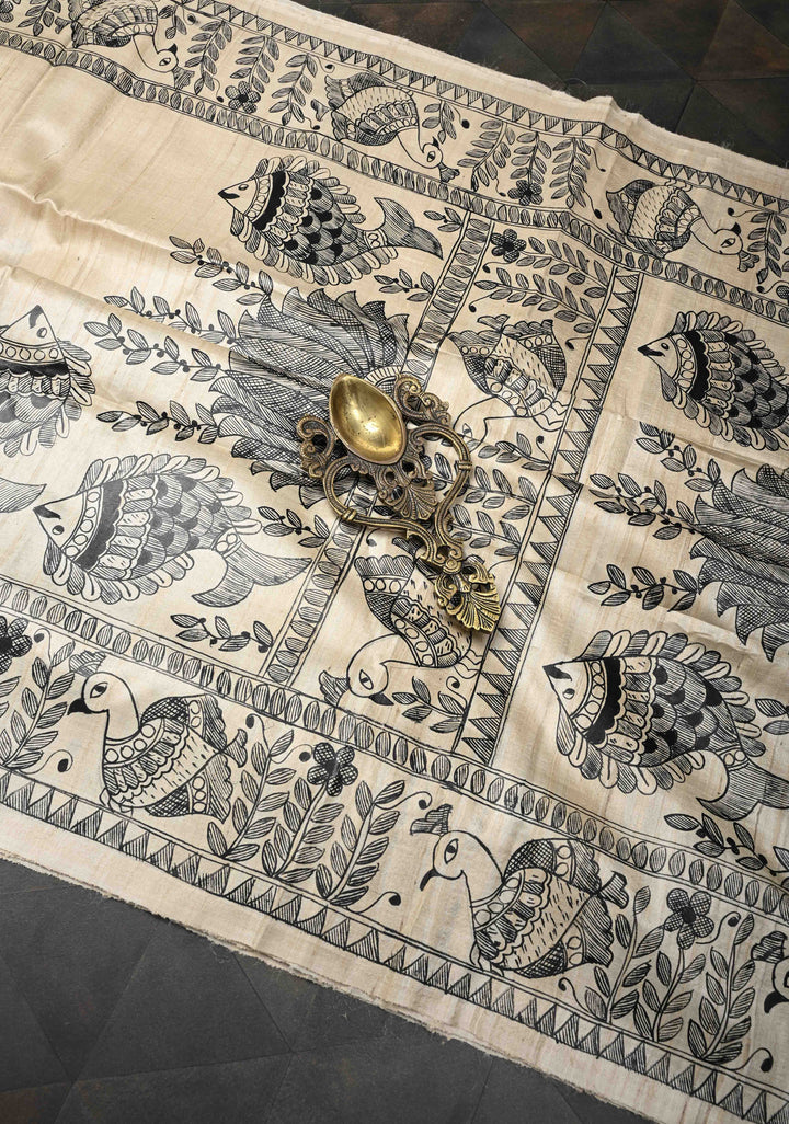 Beige  Desi Tussar Madhubani Painting Saree | SILK MARK CERTIFIED