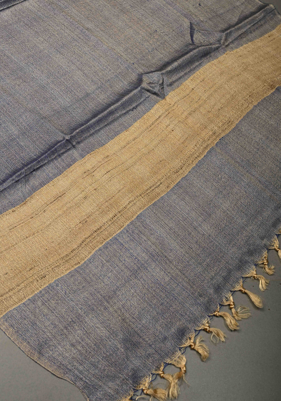 Gary Banana Silk Stole with Hand-Woven Tussar Pannel and Tassels | SHOBITAM
