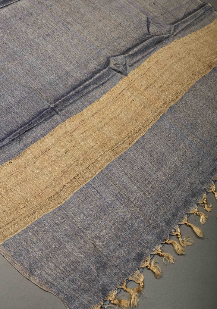 Gary Banana Silk Stole with Hand-Woven Tussar Pannel and Tassels | SHOBITAM