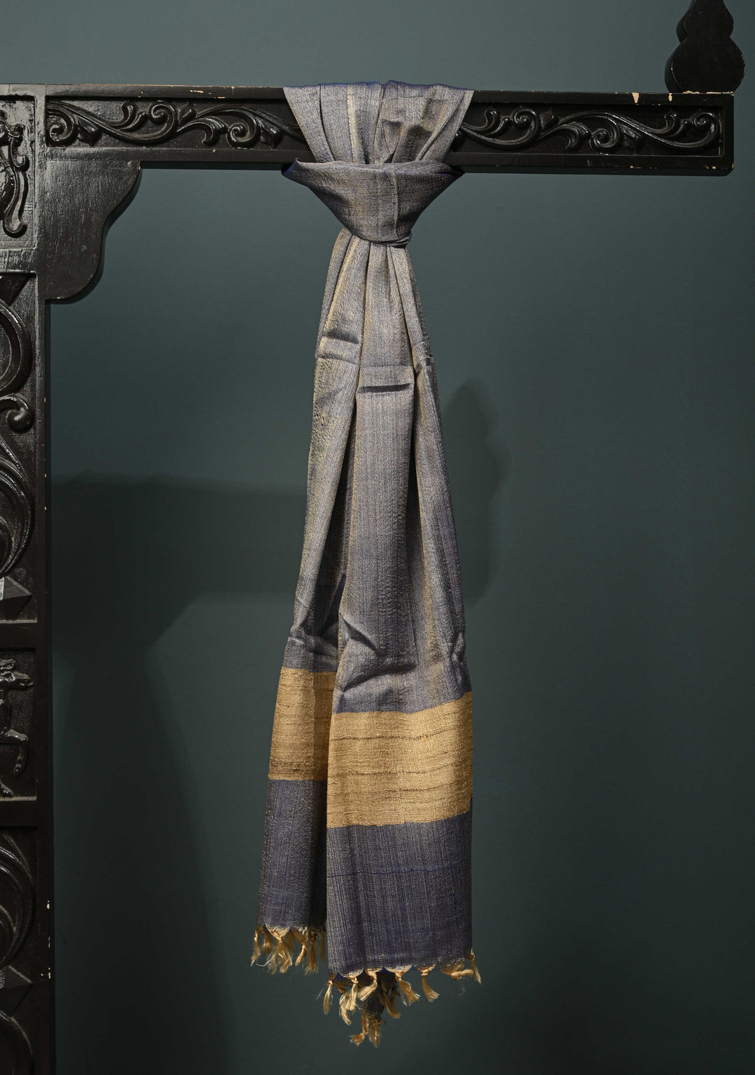 Gary Banana Silk Stole with Hand-Woven Tussar Pannel and Tassels | SHOBITAM