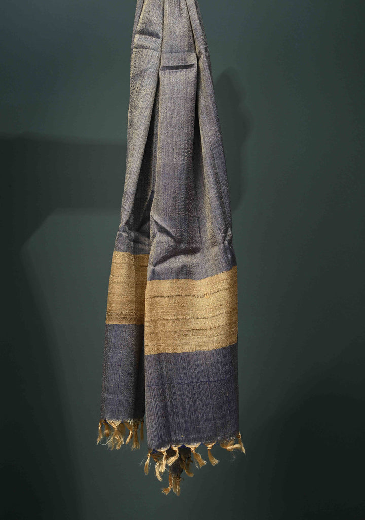 Gary Banana Silk Stole with Hand-Woven Tussar Pannel and Tassels | SHOBITAM
