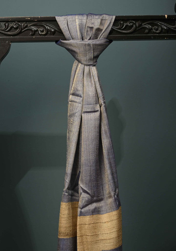 Gary Banana Silk Stole with Hand-Woven Tussar Pannel and Tassels | SHOBITAM