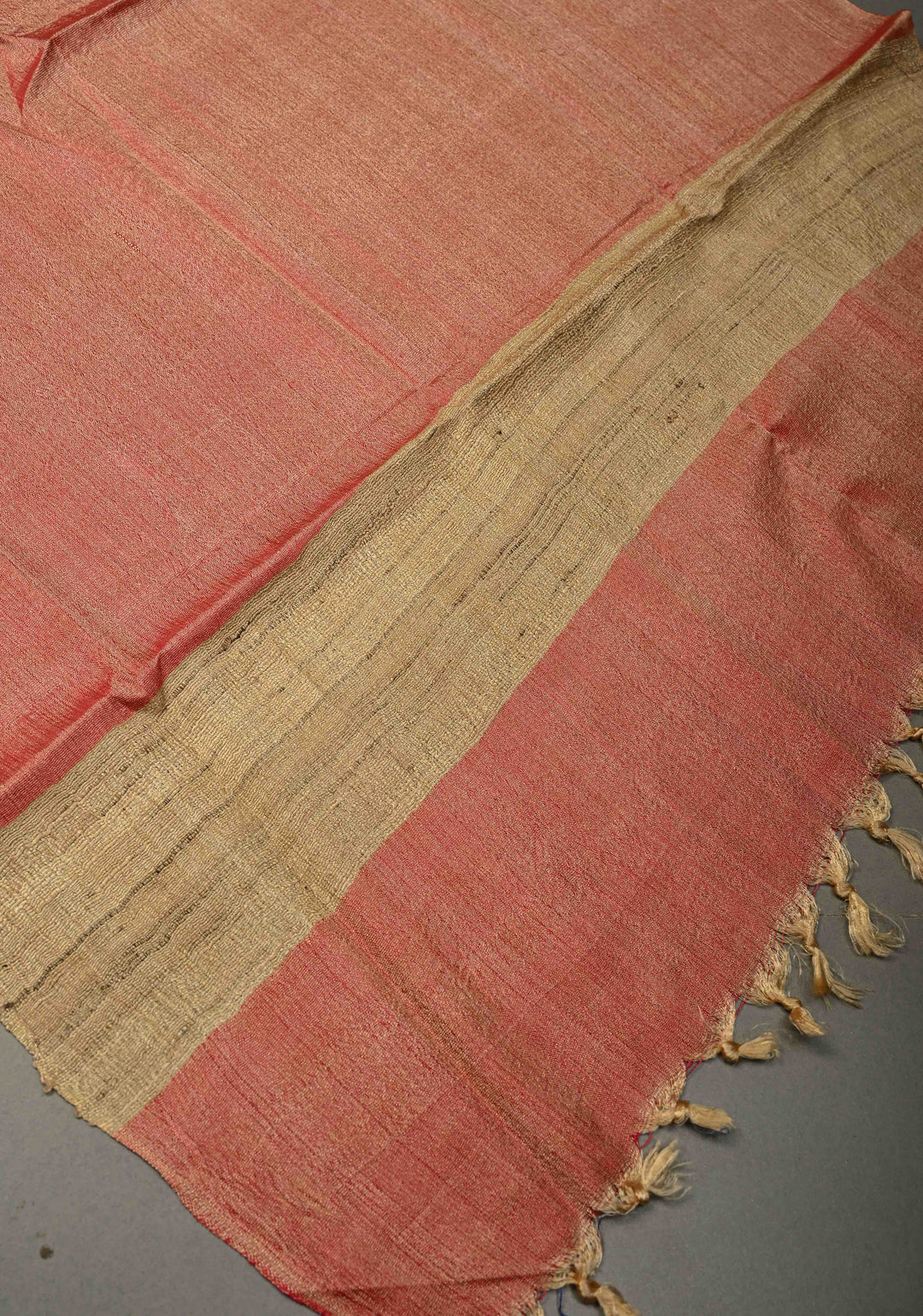 Peachy Red Banana Silk Stole with Hand-Woven Tussar Pannel and Tassels | SHOBITAM
