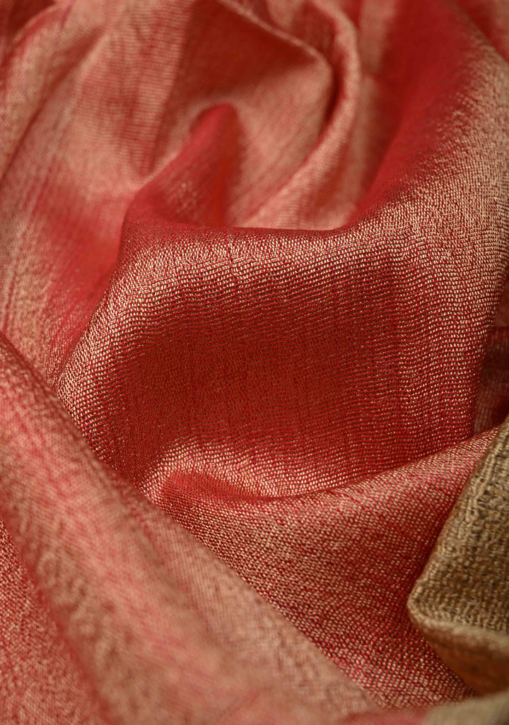 Peachy Red Banana Silk Stole with Hand-Woven Tussar Pannel and Tassels | SHOBITAM