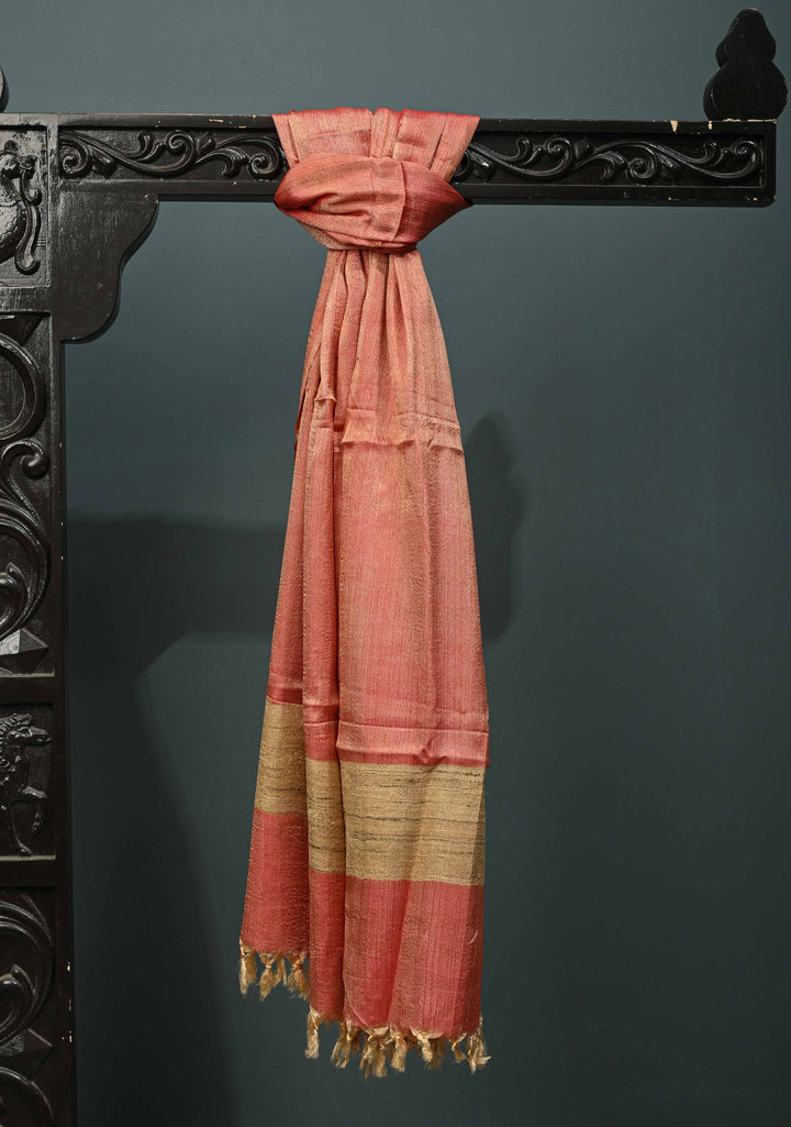 Peachy Red Banana Silk Stole with Hand-Woven Tussar Pannel and Tassels | SHOBITAM
