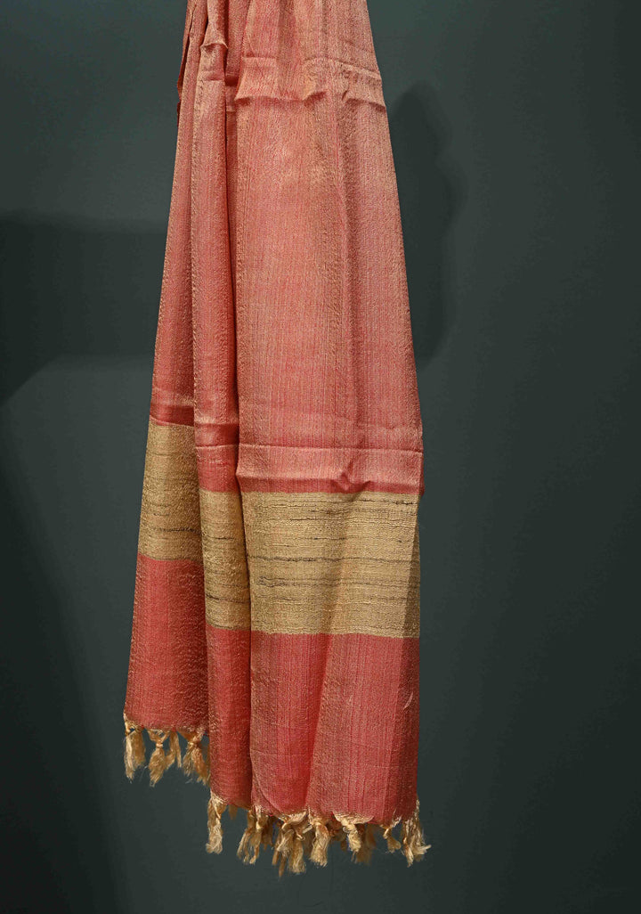 Peachy Red Banana Silk Stole with Hand-Woven Tussar Pannel and Tassels | SHOBITAM